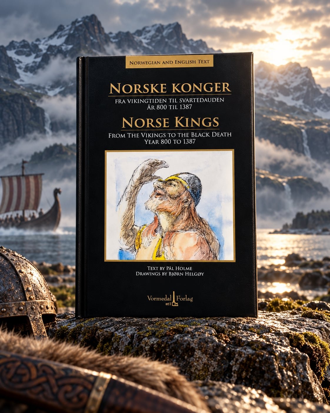 Norske Konger stående på en mosegrodd stein foran snødekte fjell, fjord og et langskip i kveldssol