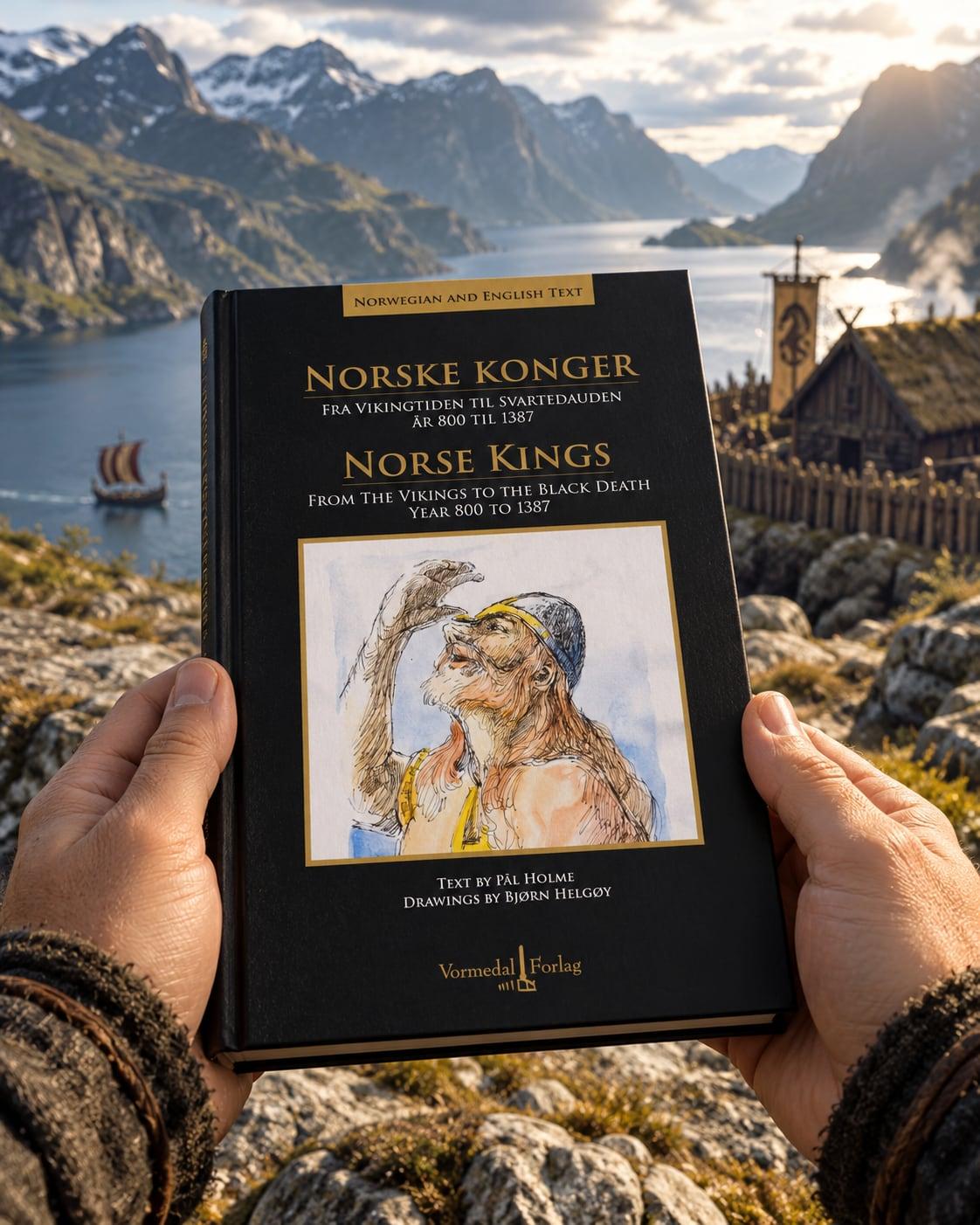 En person holder Norske Konger foran en fjord med langskip og vikinggård